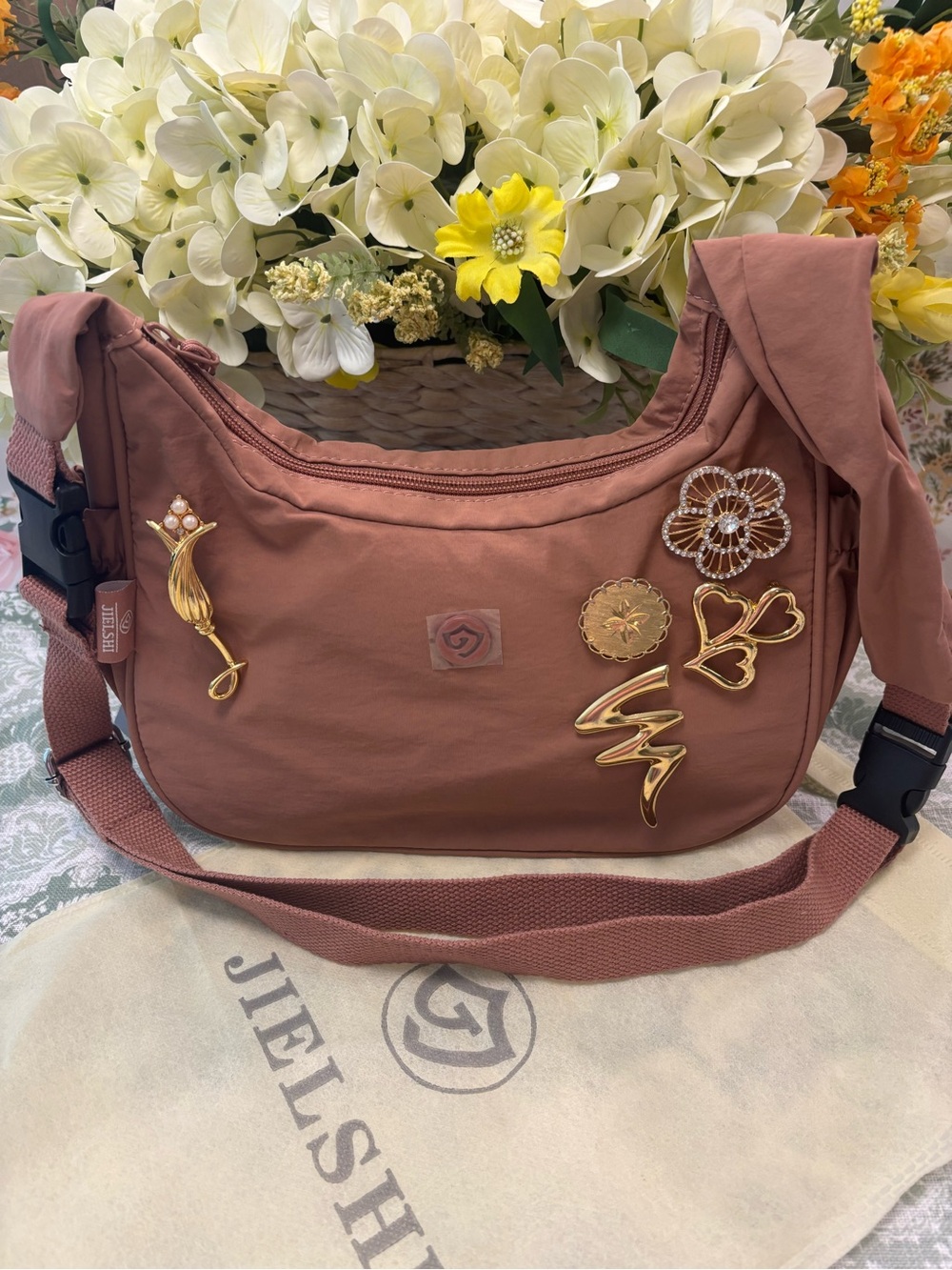 Dusty Rose Shoulder Bag with Decorative Pins